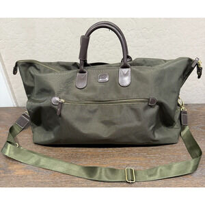 Bric’s Olive Green w/ Brown Leather Trim Duffle Bag Luggage Foldable Carry-On